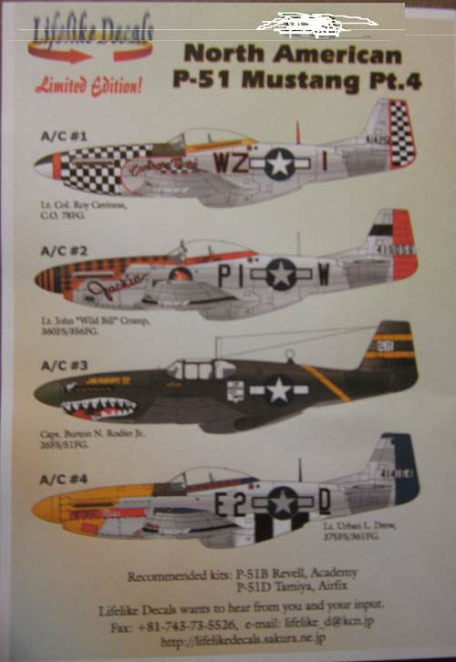 Kits World Decals 1/48 P-51B MUSTANG NOSE ART 4th Fighter Squadron